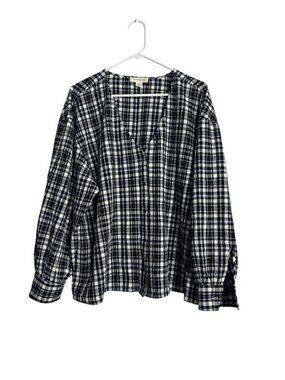 Treasure Bond Shirt Blouse Black White Plaid Plus Size 1X Button Front V Neck